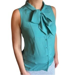 Turquoise Sleeveless Tie Neck Blouse